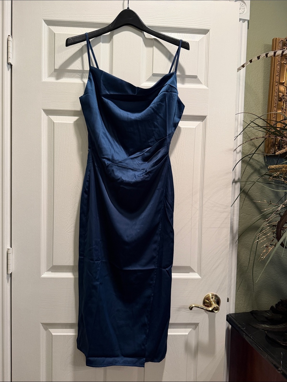 Sleeveless Cowl Neck Satin Dress in Navy -NWT-size Small - Inmod Los Angeles